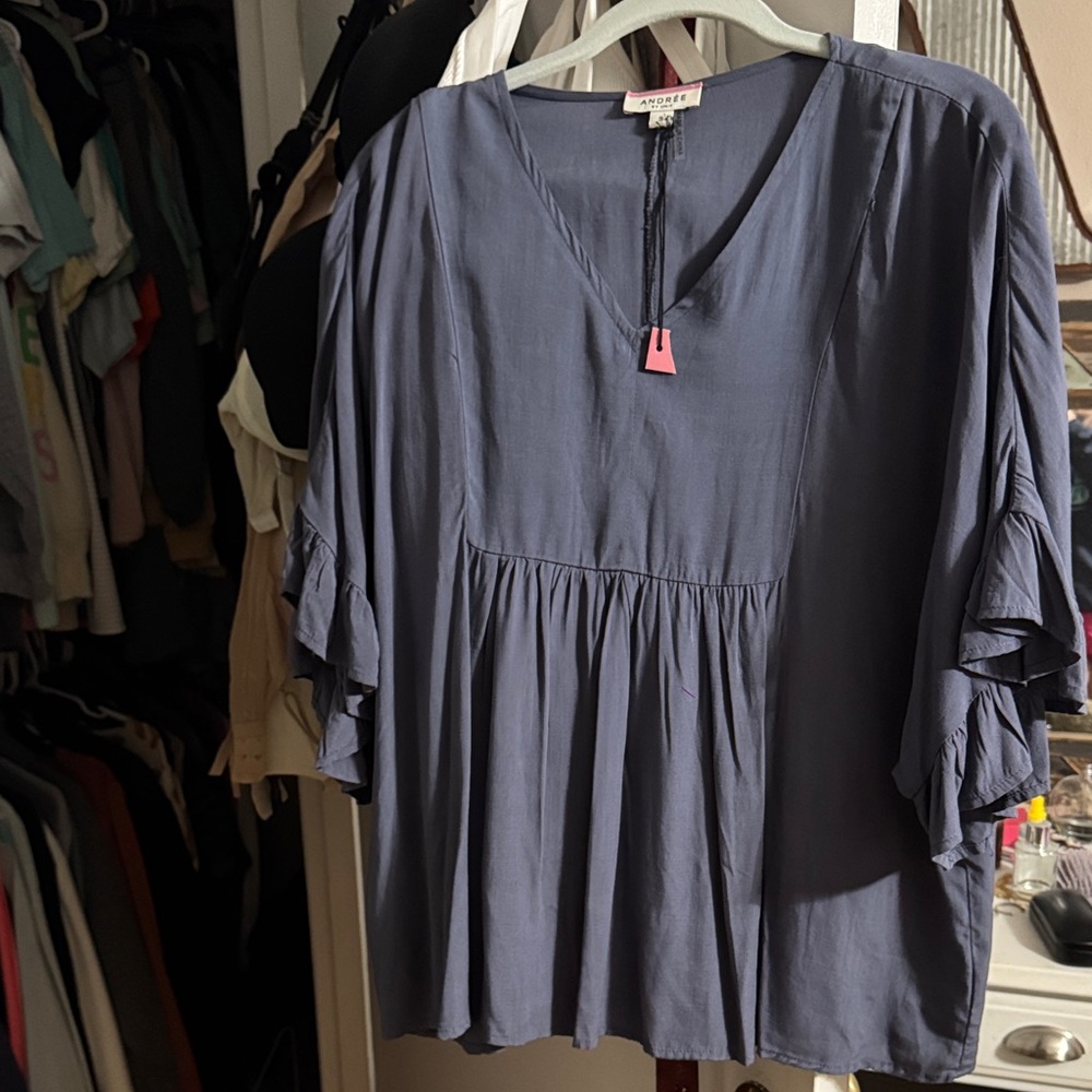 Andree Slate Blue Ruffled Blouse - Picture 1 of 6